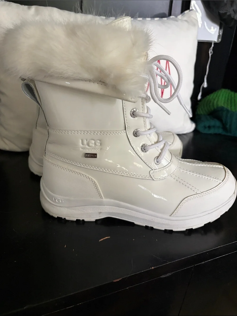 UGG Adirondack III Patent White Leather Waterproof Winter Boots with Faux Fur